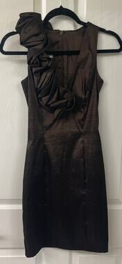 Cache vintage dress 4 chocolate metallic brown rose flower ruffle shoulder